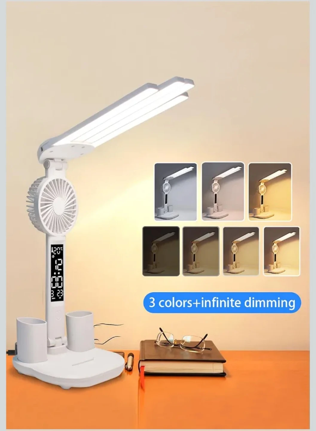 White LED Desk Lamp with Fan, Clock, and Pen Holders - photo 4