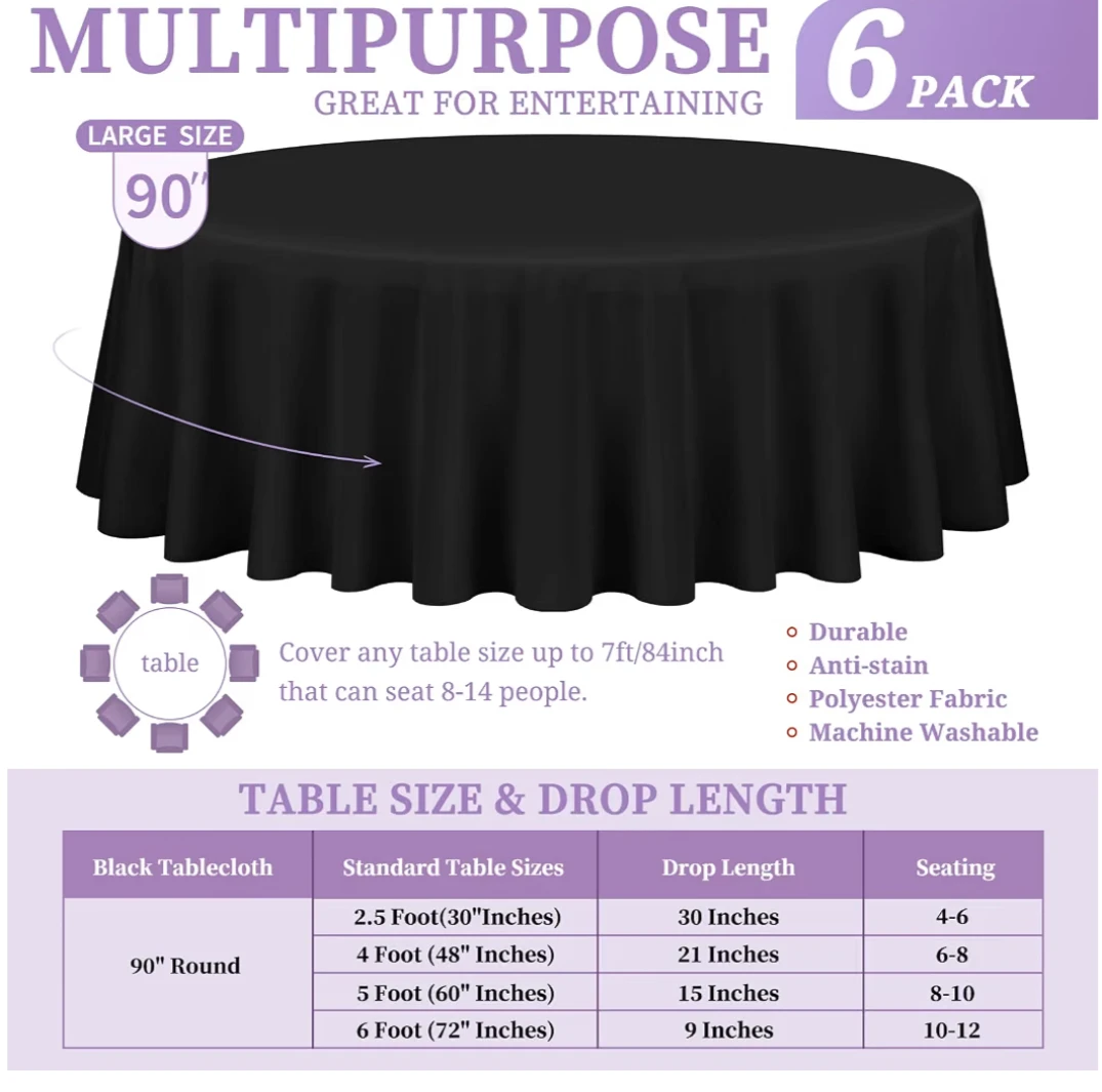 5 Pack Black Round Tablecloths - 90 Inch Washable Polyester - photo 2