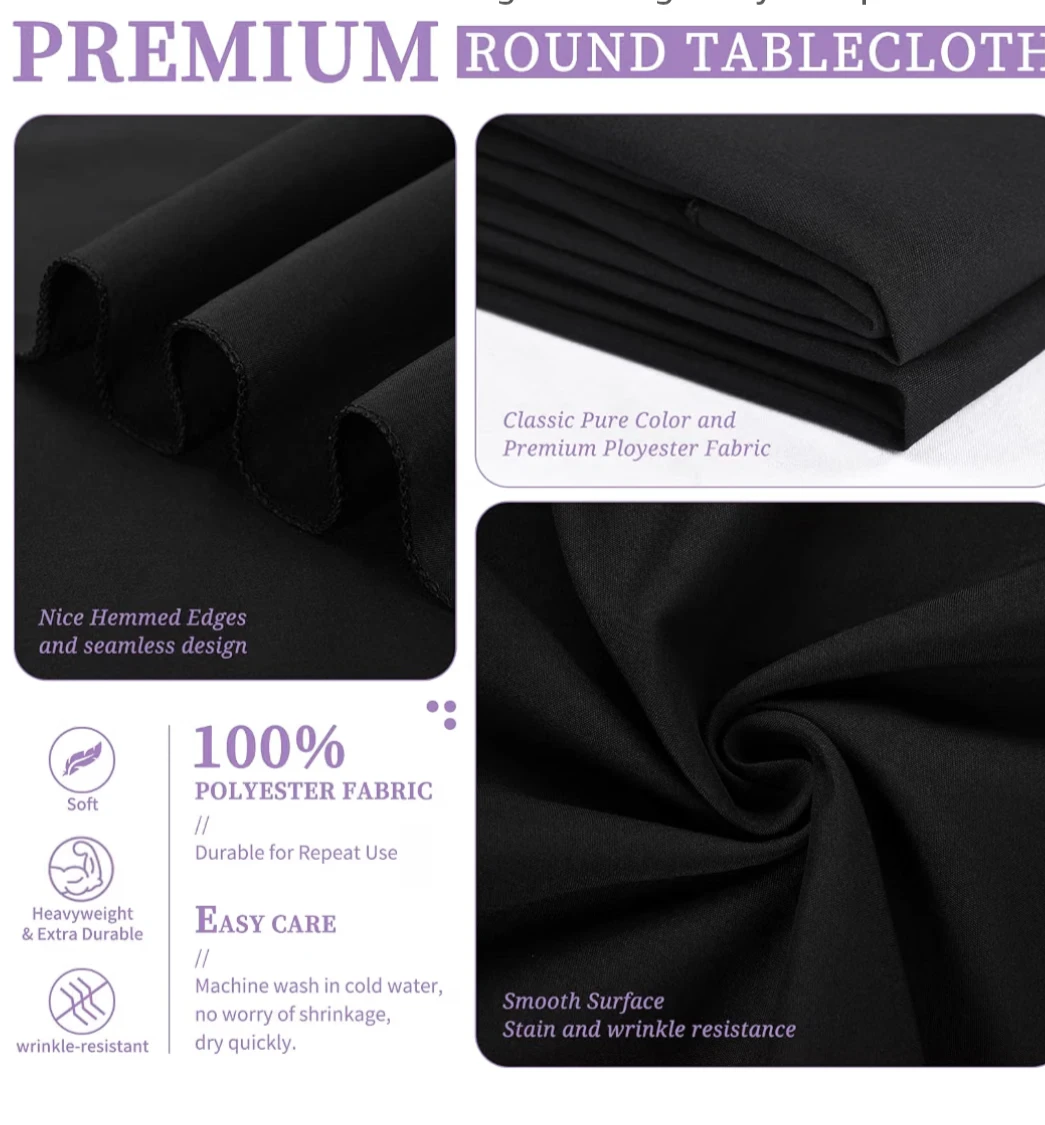 5 Pack Black Round Tablecloths - 90 Inch Washable Polyester - photo 3