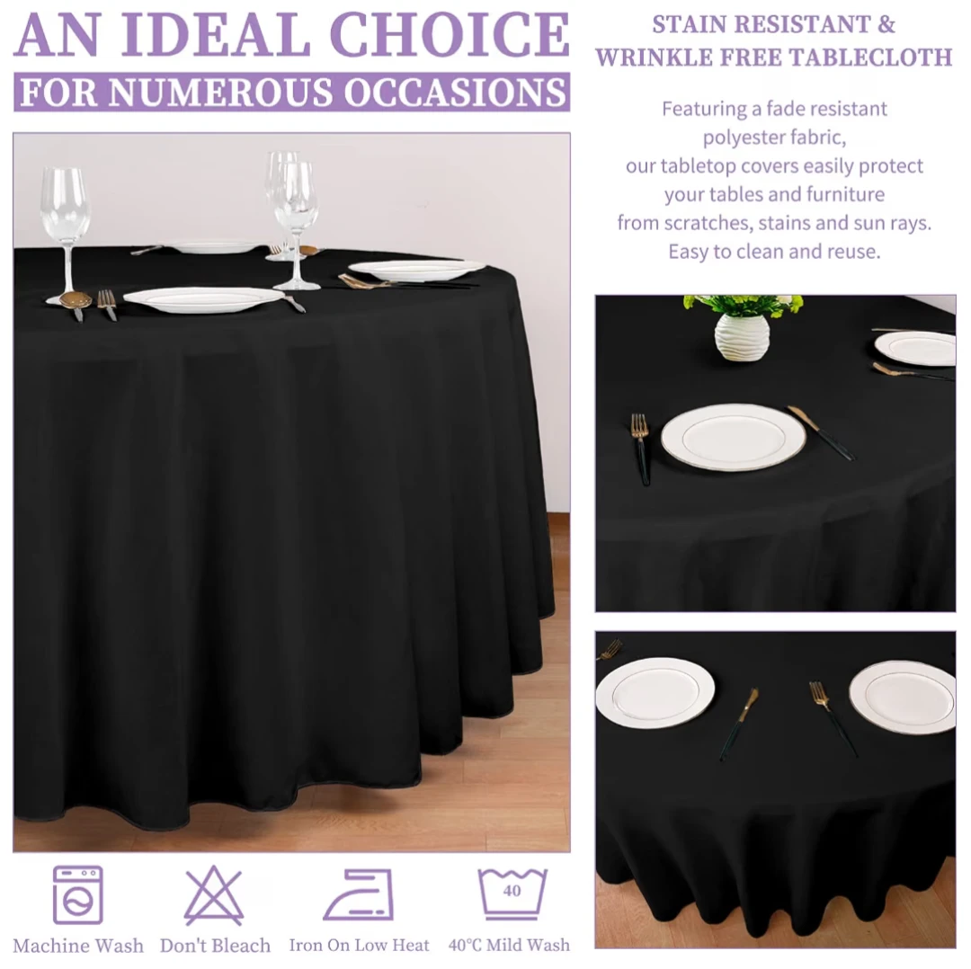 5 Pack Black Round Tablecloths - 90 Inch Washable Polyester - photo 4