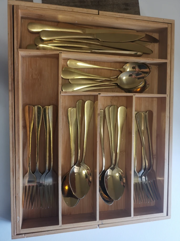 Gold Cutlery Set with Bamboo Organizer