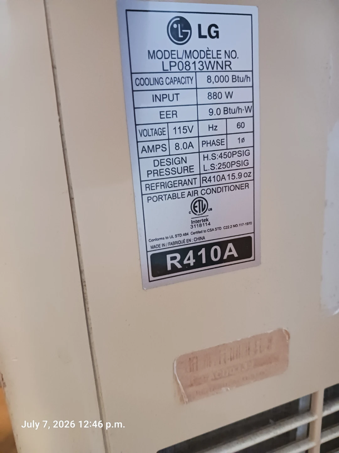 LG Portable Air Conditioner LP0813WNR 8,000 BTU - photo 3