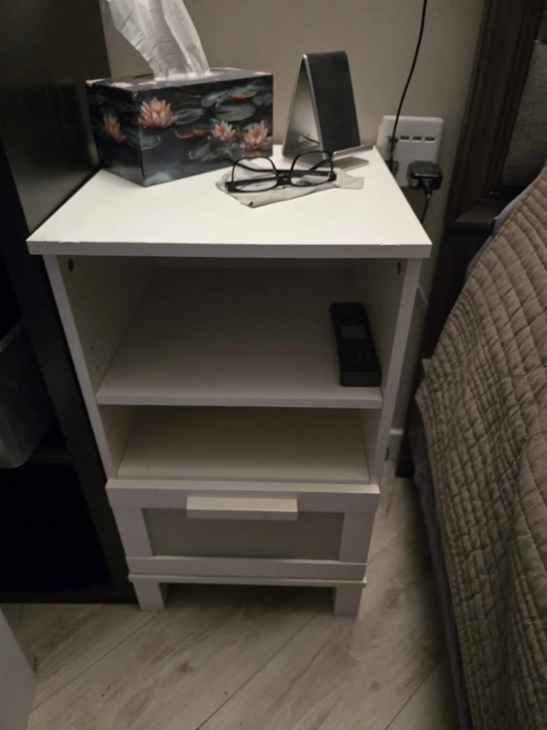 White Nightstand with Drawer and Shelf x 2