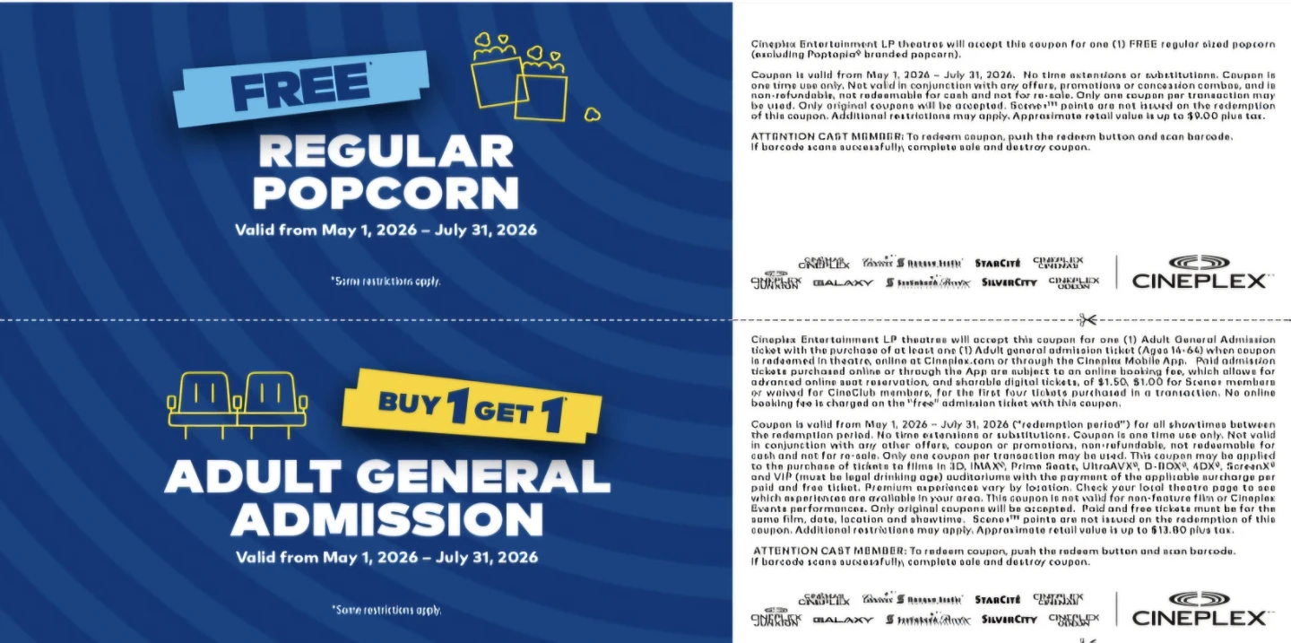 Cineplex Free Regular Popcorn & BOGO Adult Admission Coupons