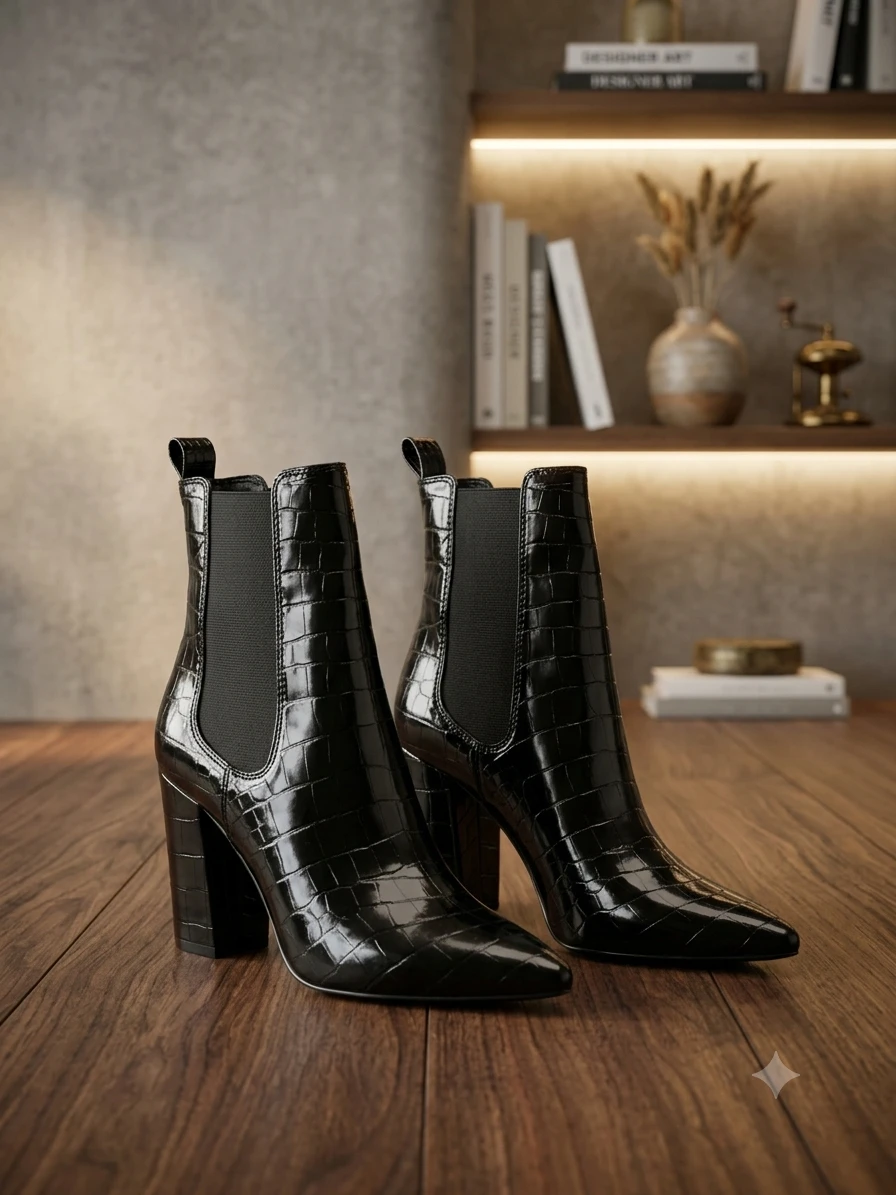 Black Croc-Embossed Heeled Ankle Boots