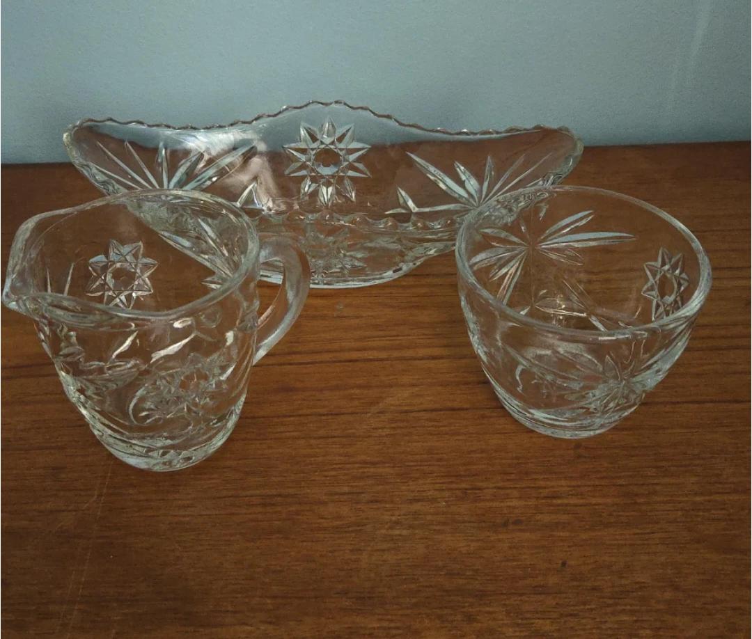 Glass Creamer, Sugar Bowl, and Serving Dish Set