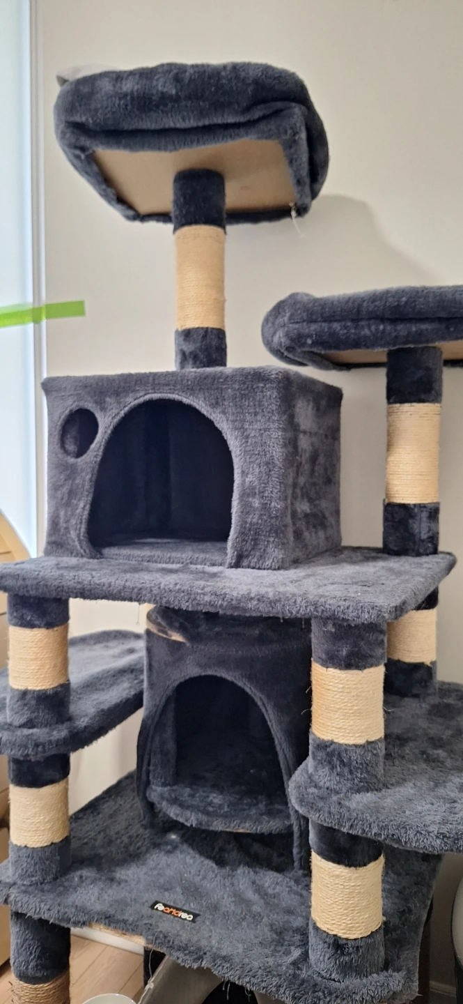 Grey Cat Tree with multiple platforms and perches