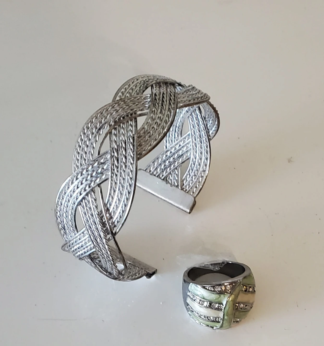 Silver Tone Braided Cuff Bracelet and Enamel Ring Set