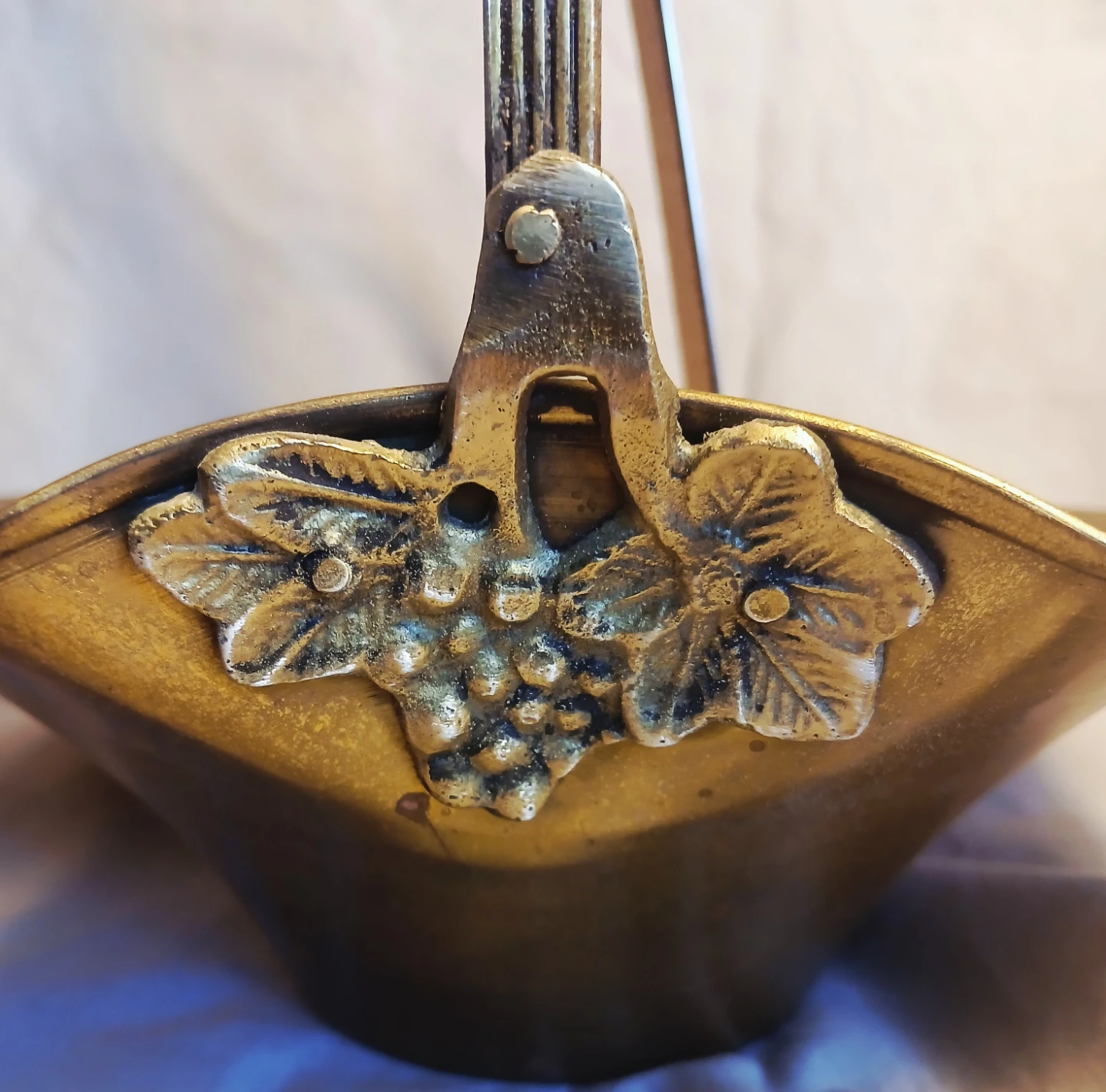 Brass Basket with Handle and Grapevine Decoration