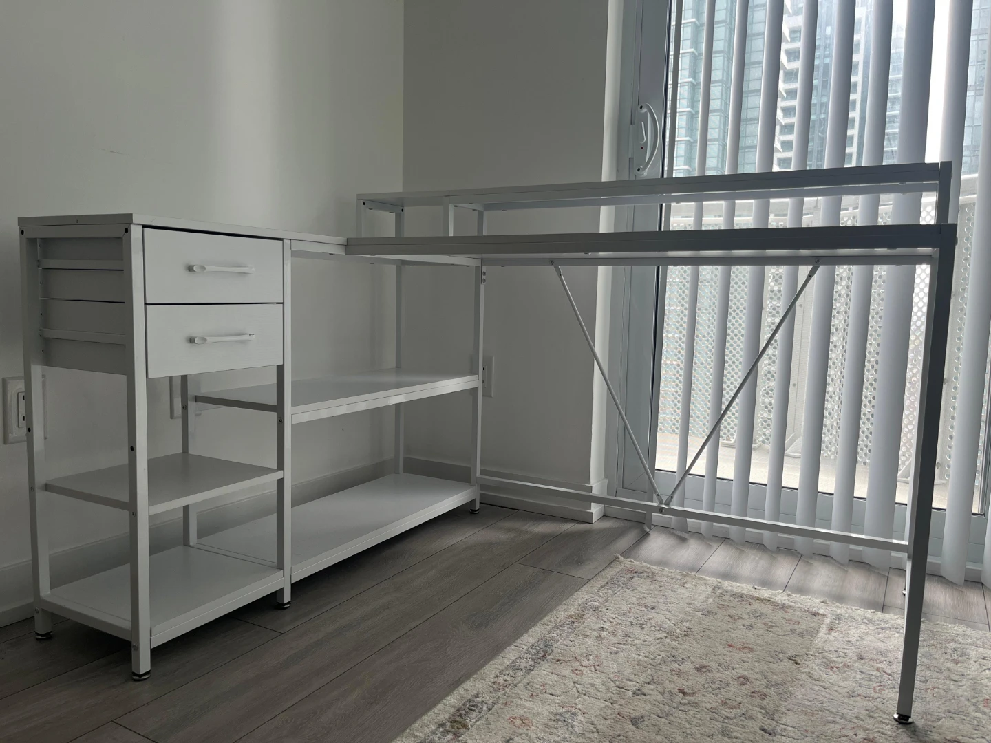 White L Shaped Desk with Drawer and shelves