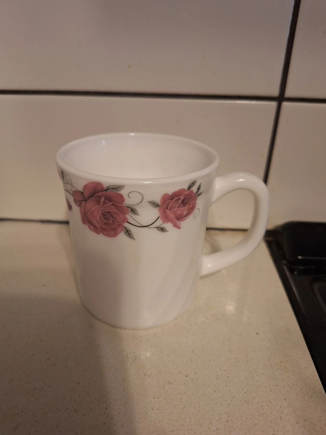 Set of 6 White Coffee Mugs with Rose Design