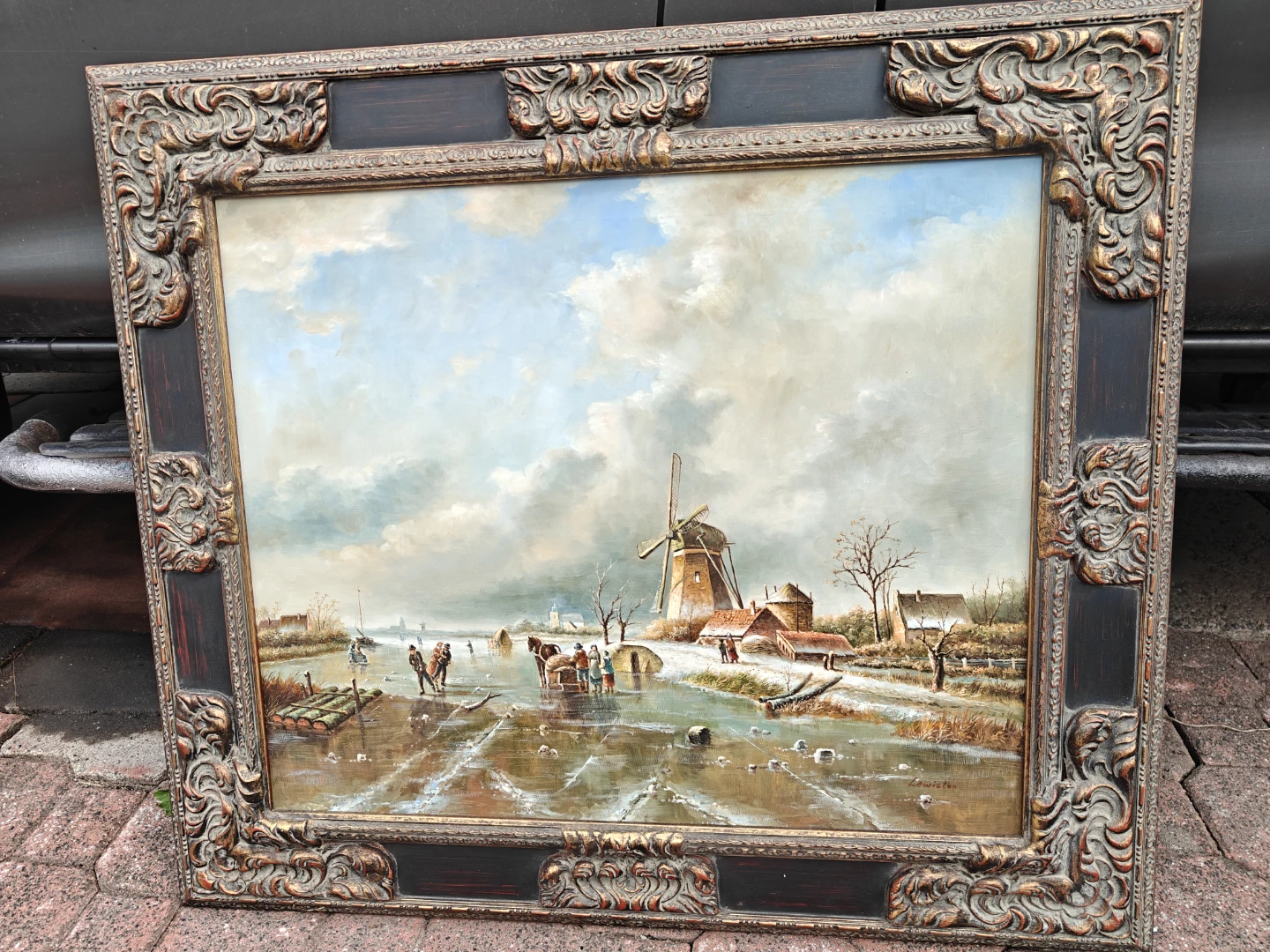 Vintage Dutch Winter Scene Oil Painting