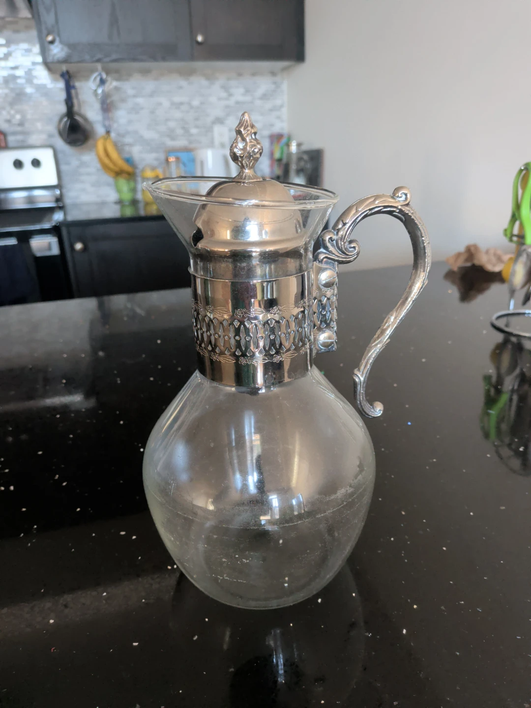 Vintage style Glass Decanter with Silver-Tone Trim