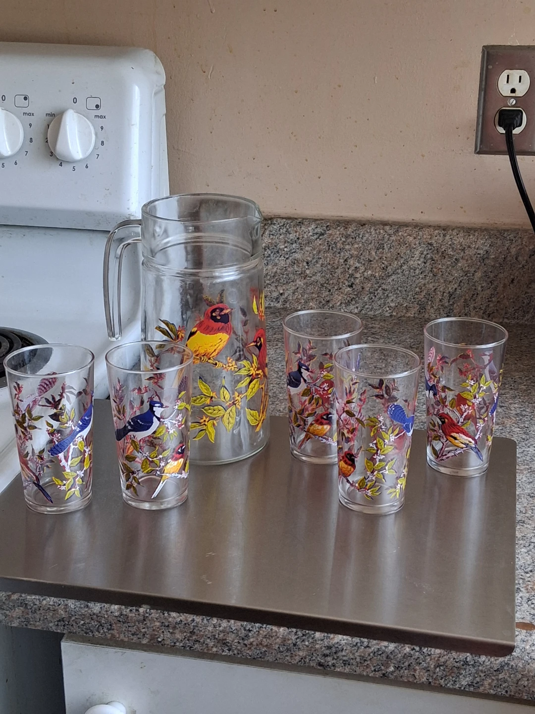 Vintage Glass Pitcher and 5 Glasses Set with Bird Design