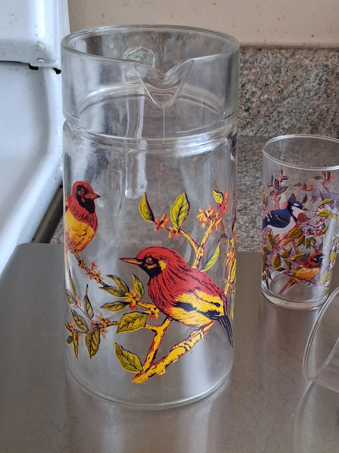 Vintage Glass Pitcher and 5 Glasses Set with Bird Design - photo 2