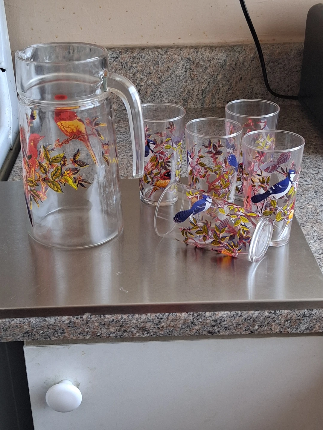 Vintage Glass Pitcher and 5 Glasses Set with Bird Design - photo 3