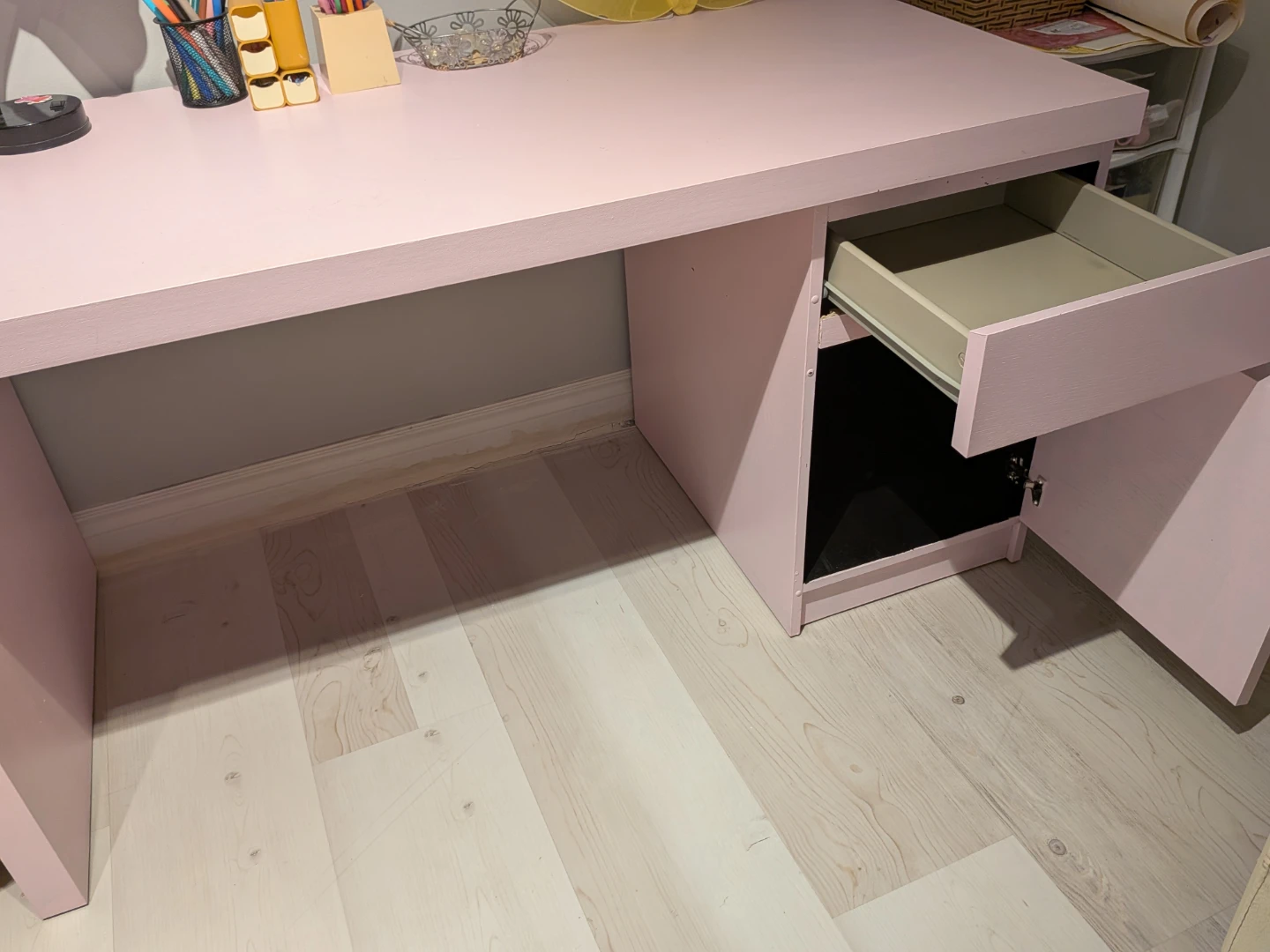 Pink kids desk with  draw, storage unit and matching chair - photo 3