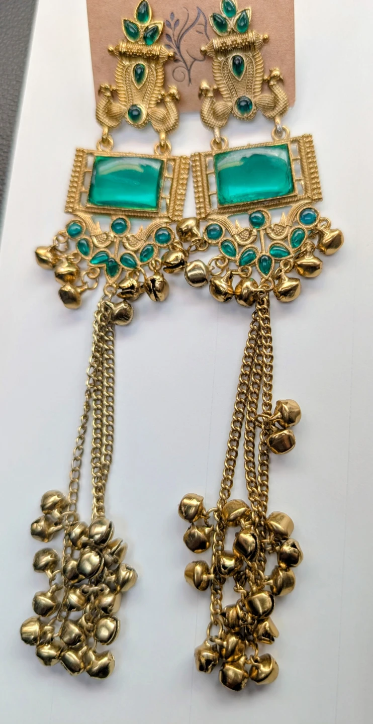 Gold Tone Kashmiri Dangling Earrings with Green Stones and Bells