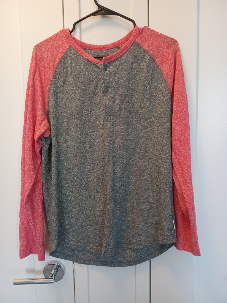 Long Sleeve Henley T-Shirt - Grey/Coral