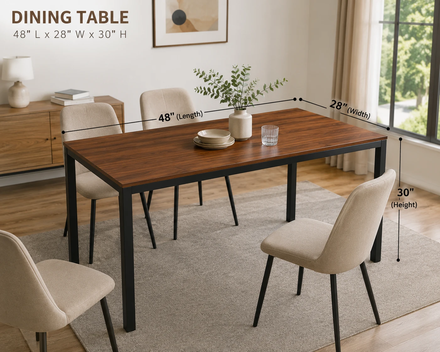BN<> Wood Top Dining Table - 48" L x 28" W