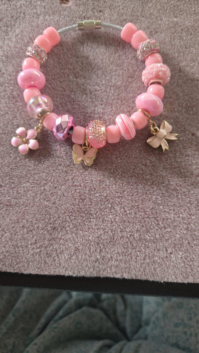 Pink Charm Bracelet with Butterfly and Flower Charms