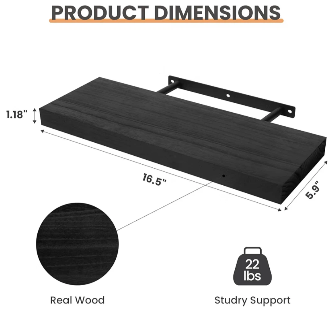 Black Floating Shelf 16.5" Real Wood 3 pack - photo 2