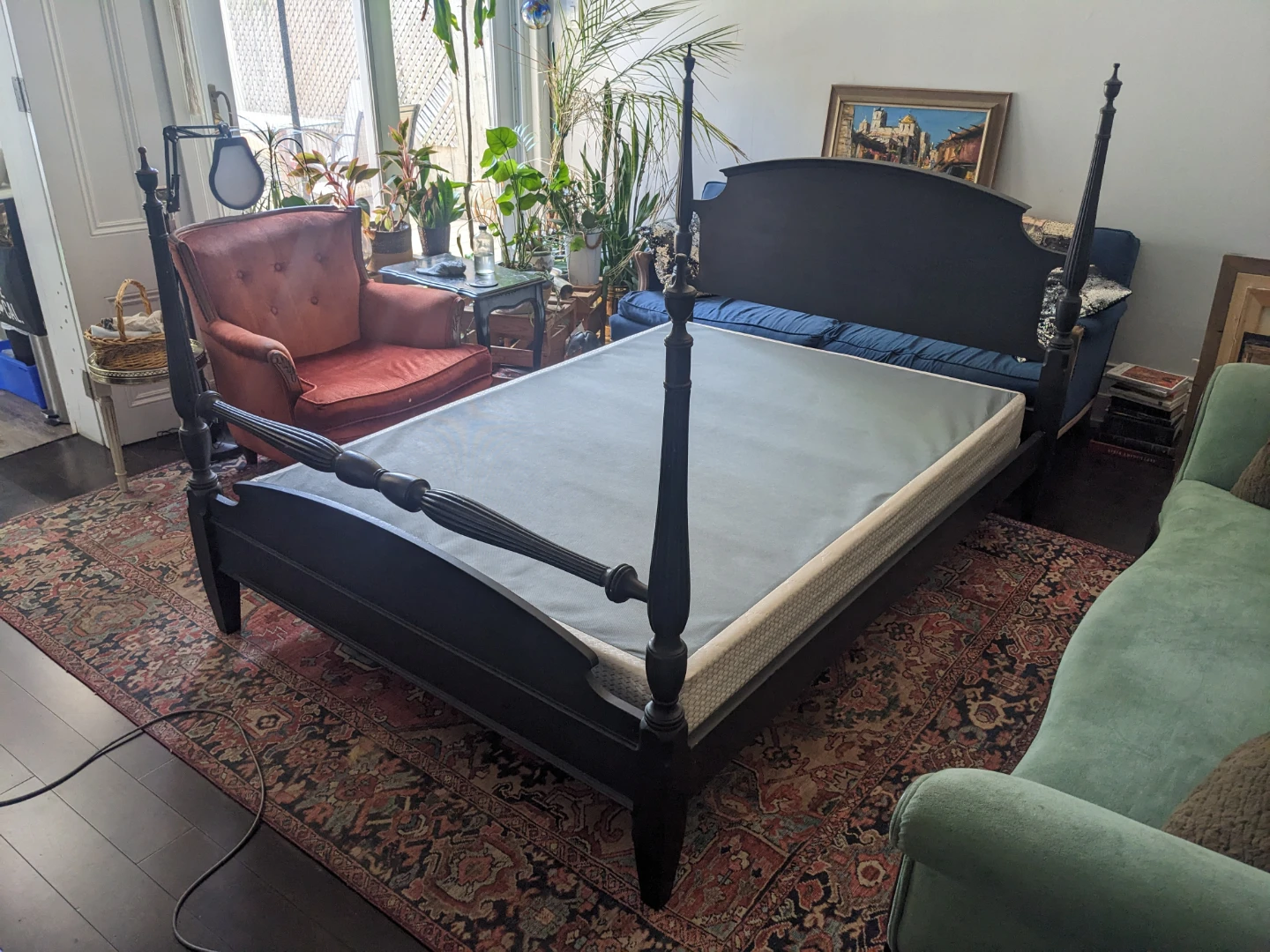 Classic Solid Wood Double Bed Frame | Four Poster | Black/Blue