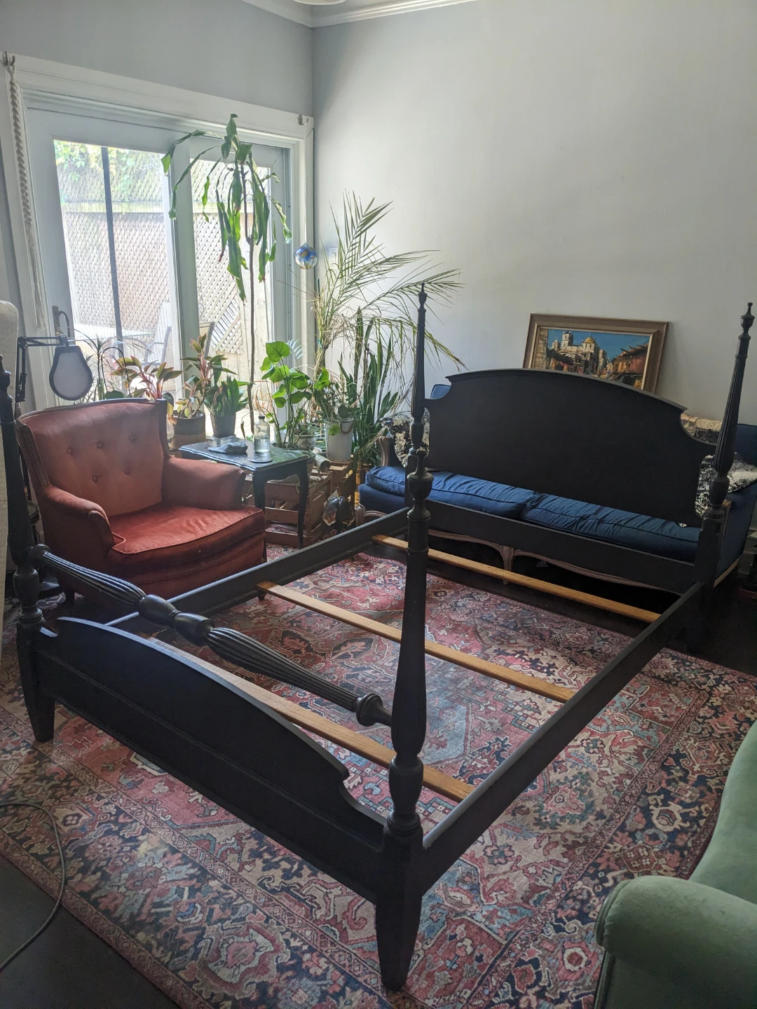 Classic Solid Wood Double Bed Frame | Four Poster | Black/Blue - photo 2