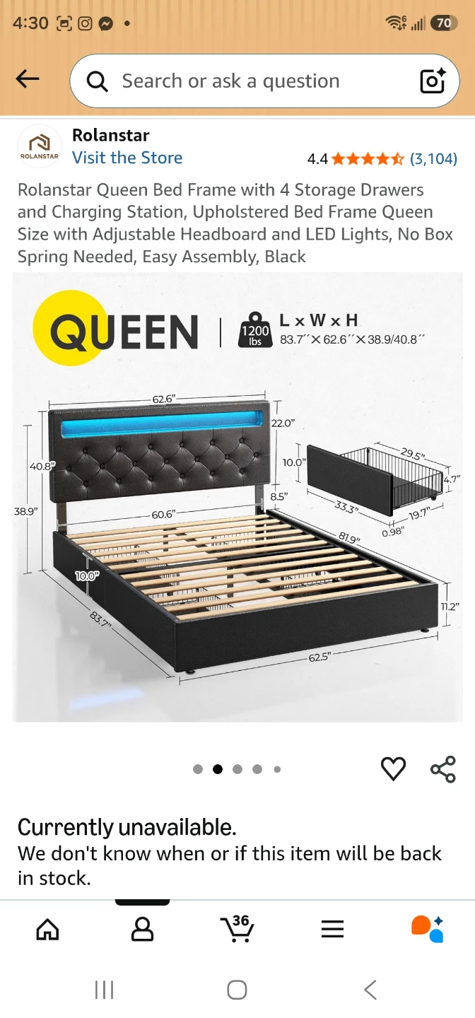 Rolandstar Queen Bed (+mattress) with LED Lights - photo 3