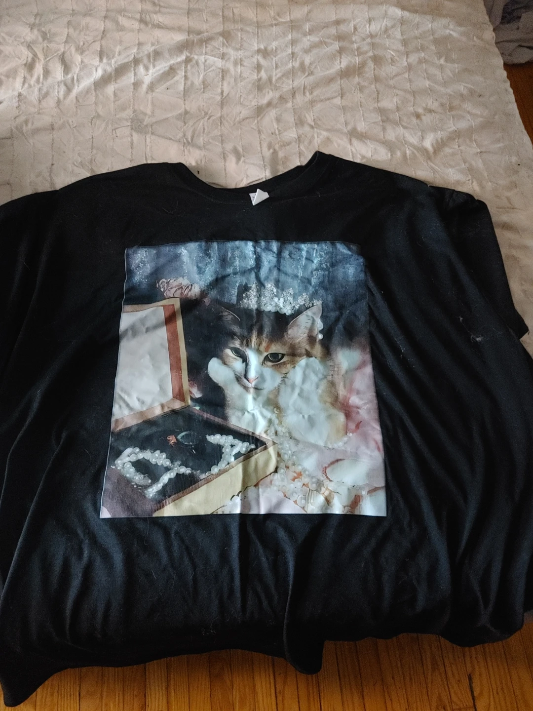 Black T-Shirt with Cat and Jewelry Graphic