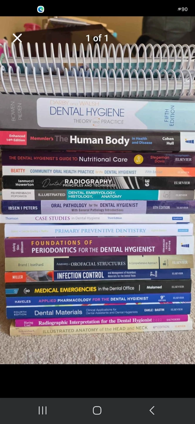All books for dental hygiene course.