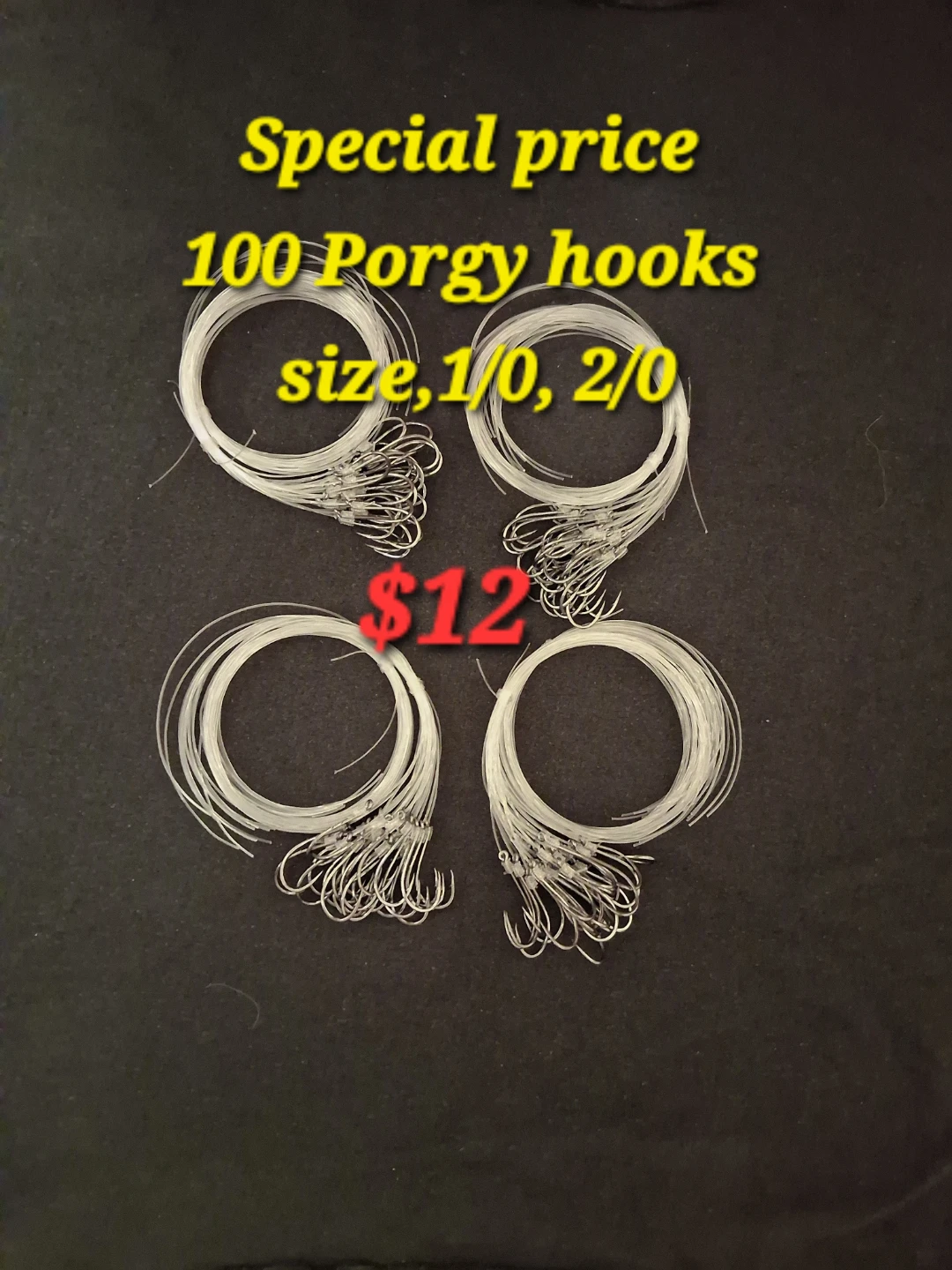 100 Porgy Fishing Hooks - Size 1/0, 2/0