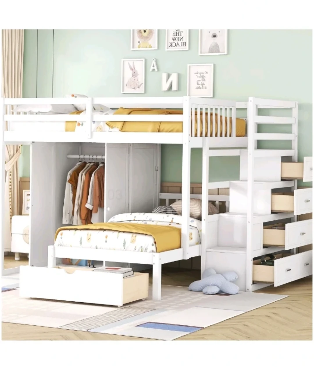 Full over twin loft bed with stairs, storage and TV