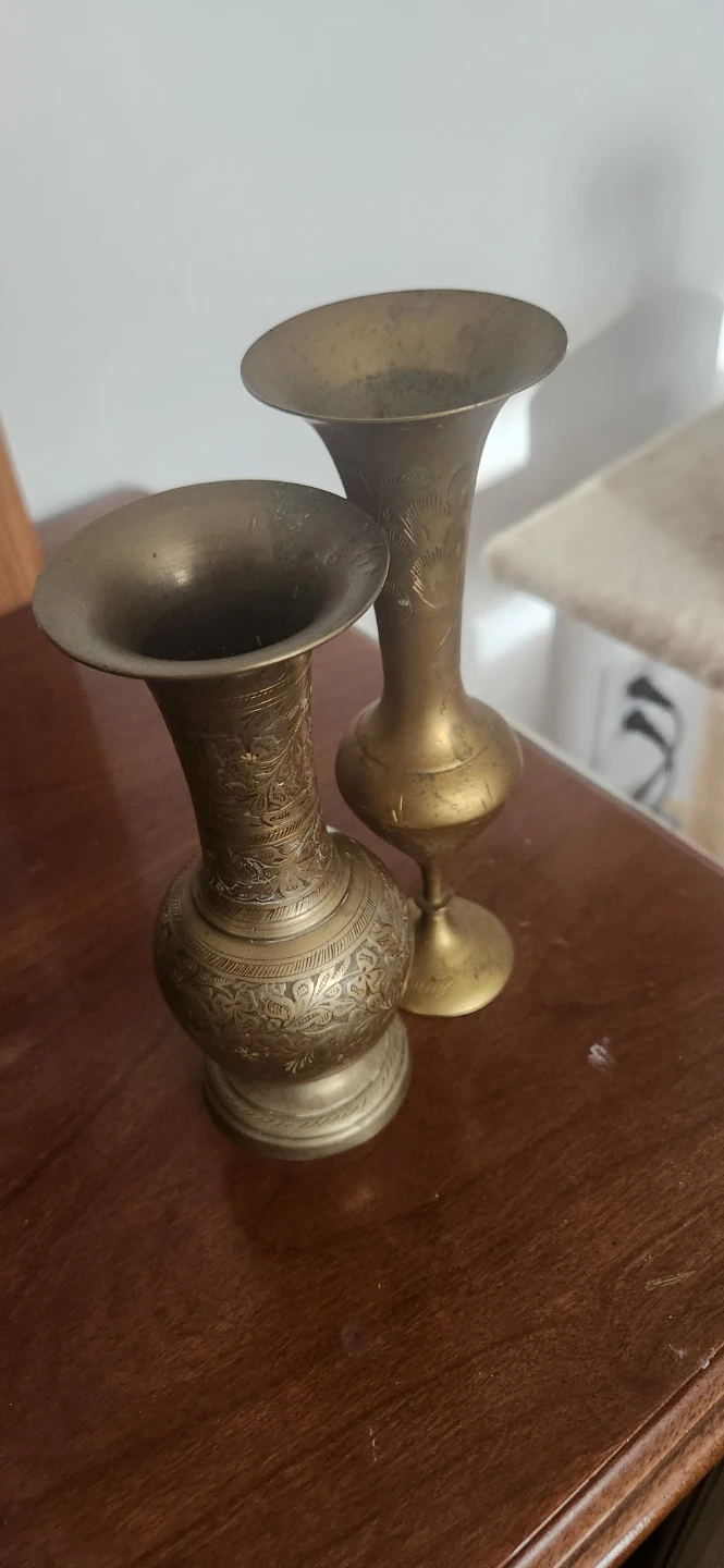 Pair of Antique Brass Vases with Intricate Engravings