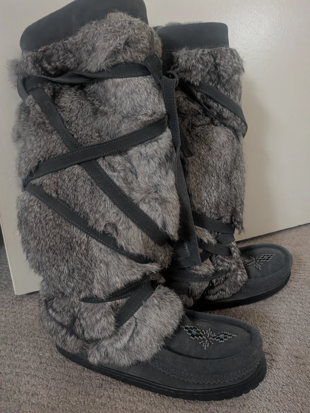 Grey Real Rabbit Fur Boots with Beaded Detail