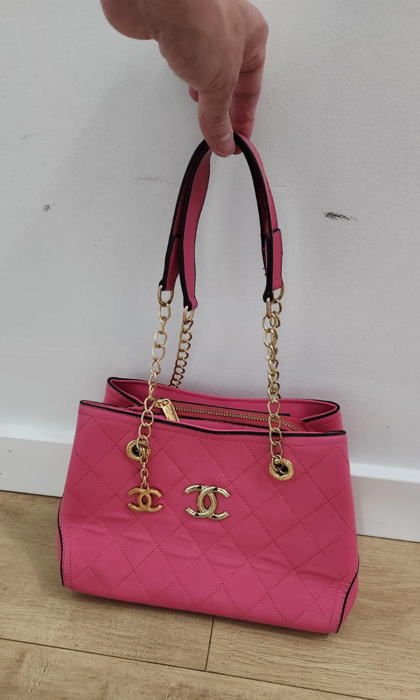 Pink Chanel-Inspired Quilted Handbag with Gold Chain Handles