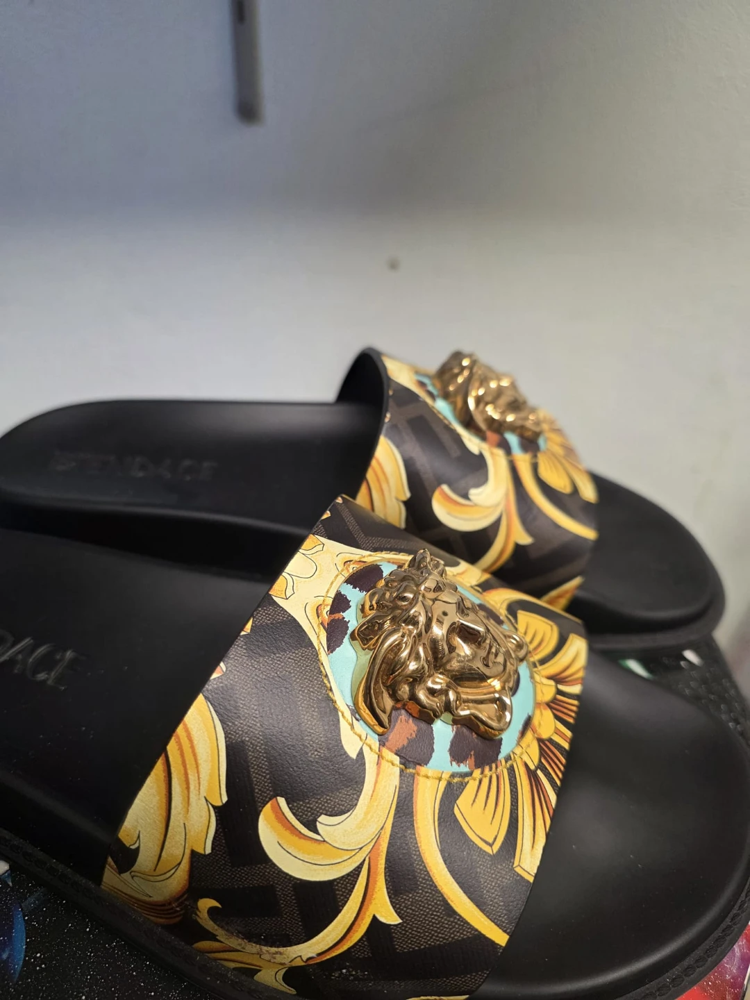 authentic 9.5 Versace Medusa Slides - Black/Gold