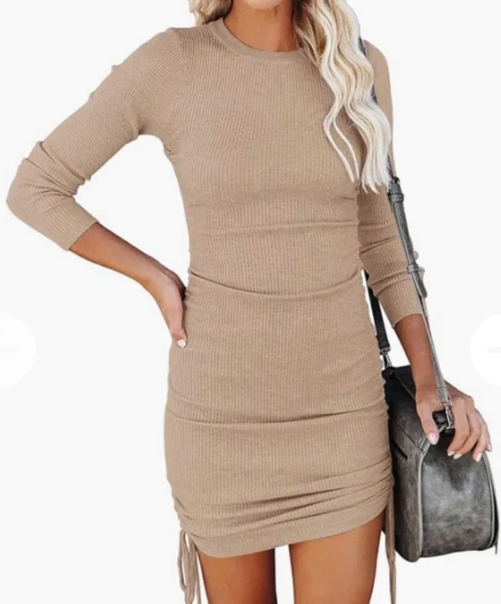 Ruched Ribbed Knit Dress-S