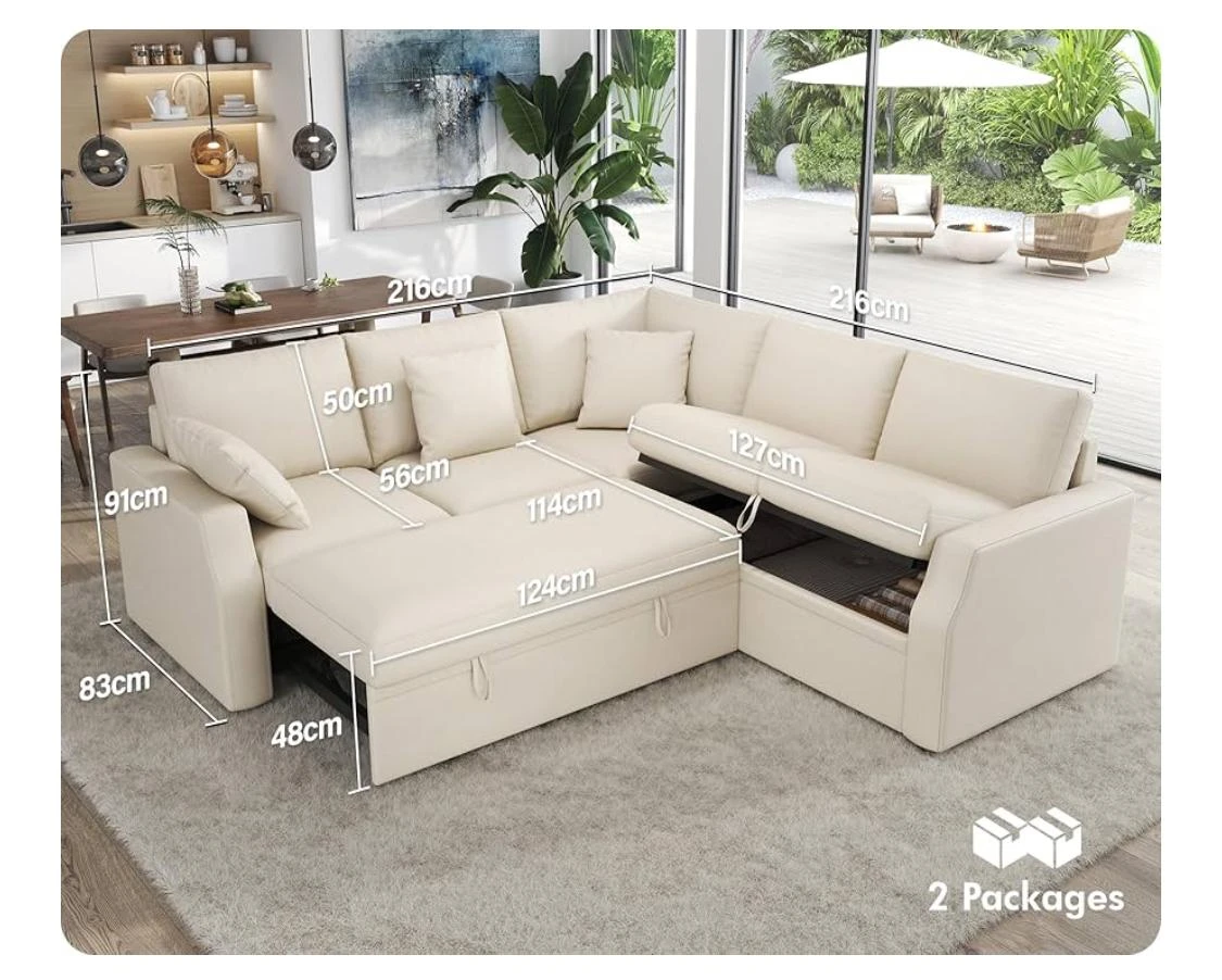 Cream Sectional Sofa Bed with Storage