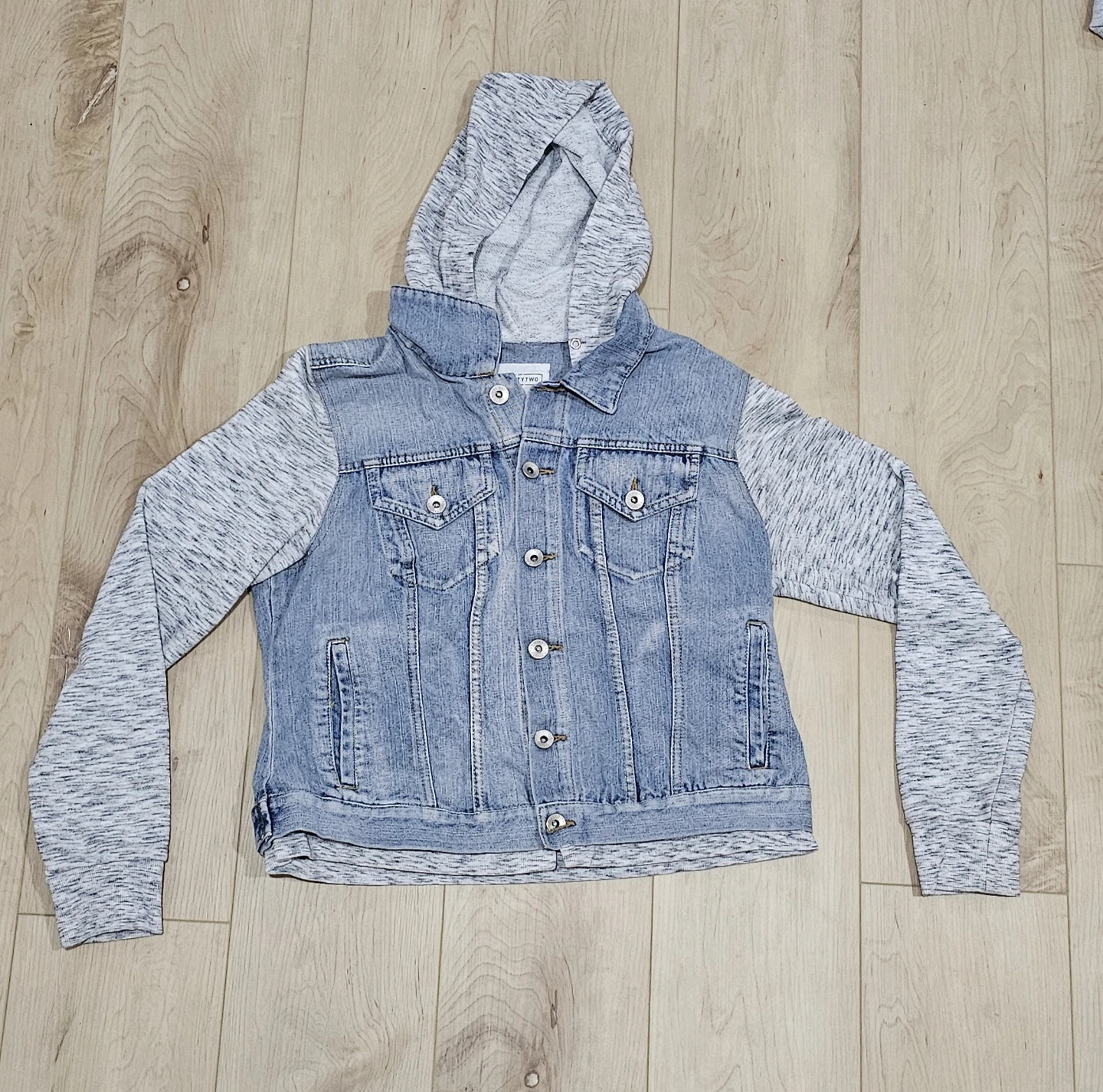 Eightytwo Denim Fooler Hoodie Jean Jacket Gray Knit Sleeves XL