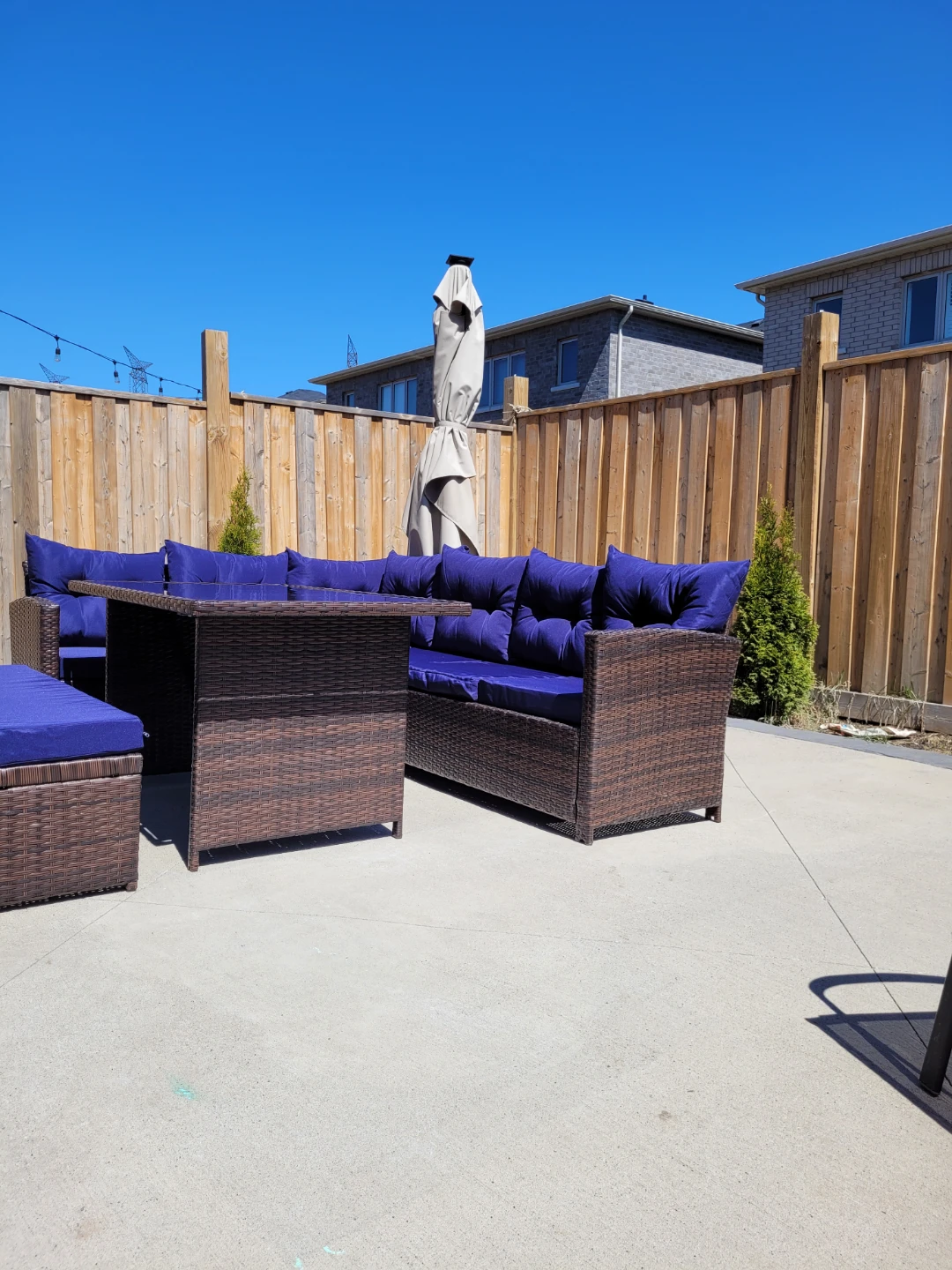 Wicker Patio Set with Blue Cushions and Glass Table - photo 2