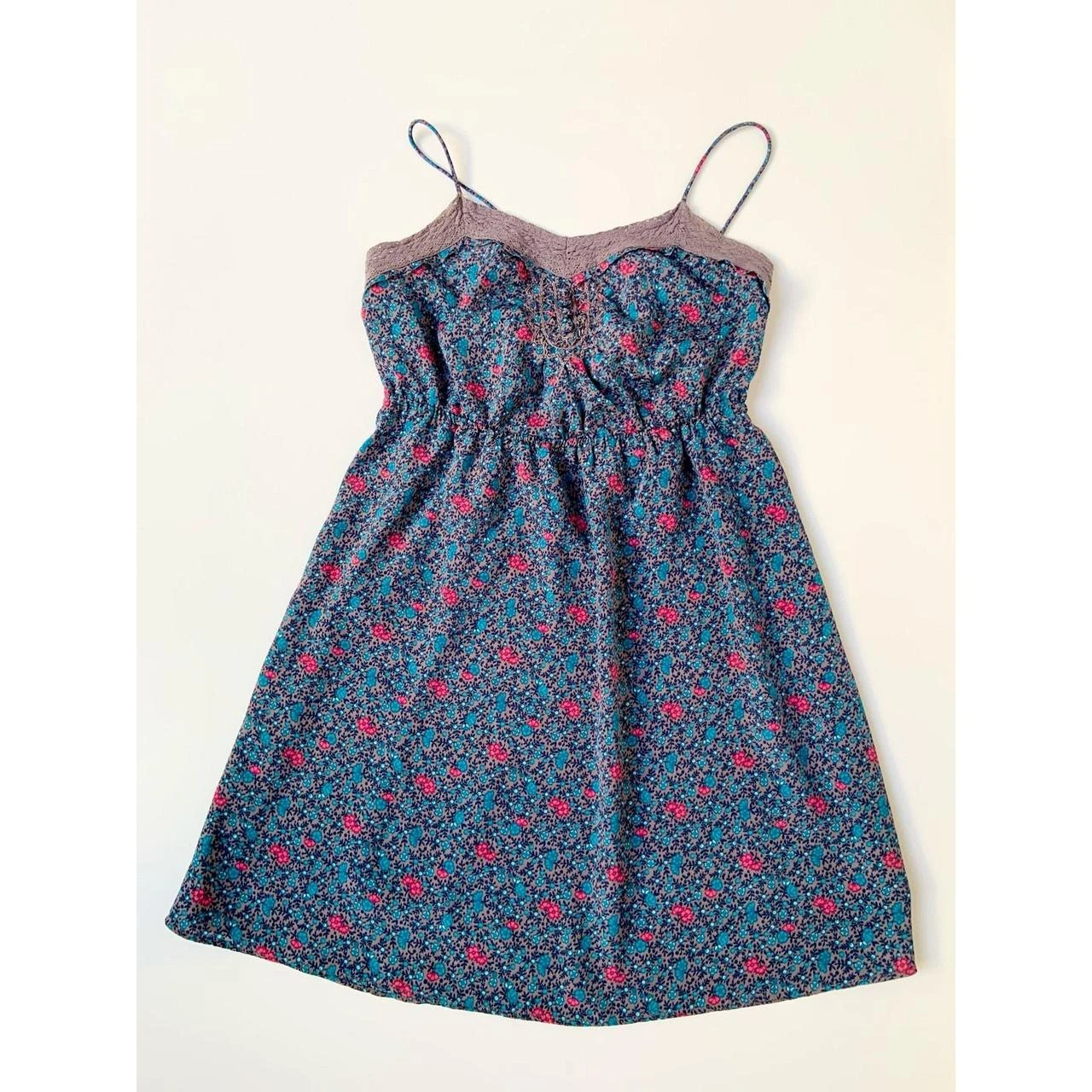 American Eagle Blue Summer Floral Mini Dress with Lace Trim