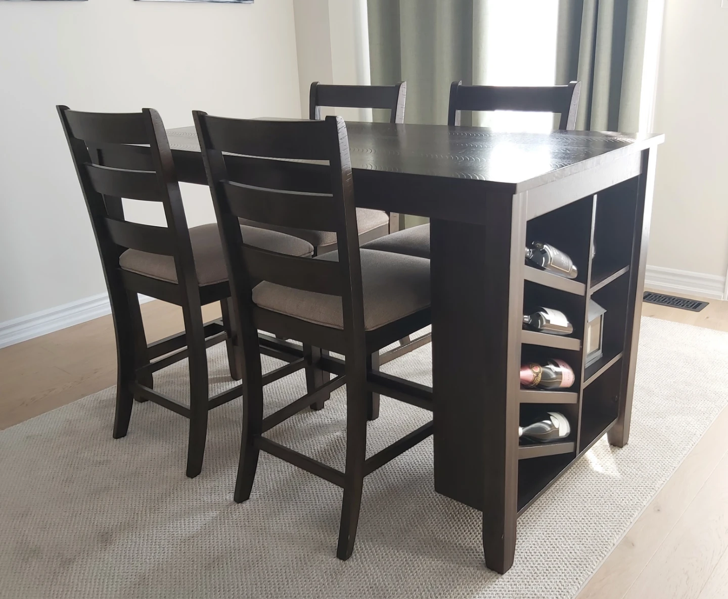 Dark Wood Counter Height Table with 4 Chairs and Wine Rack