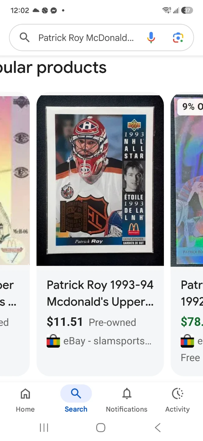Patrick Roy 1993-94 McDonald's Upper Deck Hockey Card