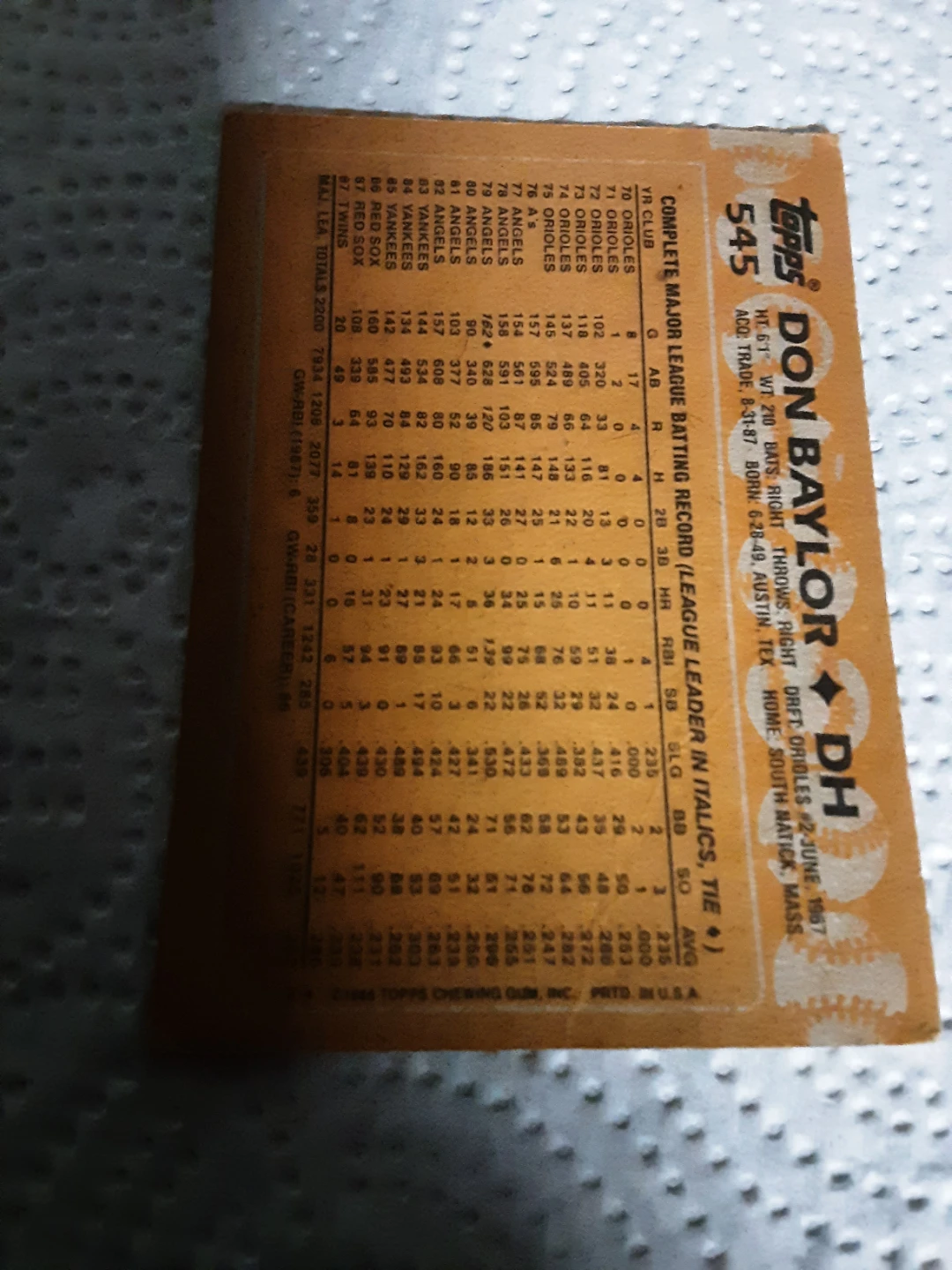 1987 Don Baylor Topps Baseball Card - photo 2