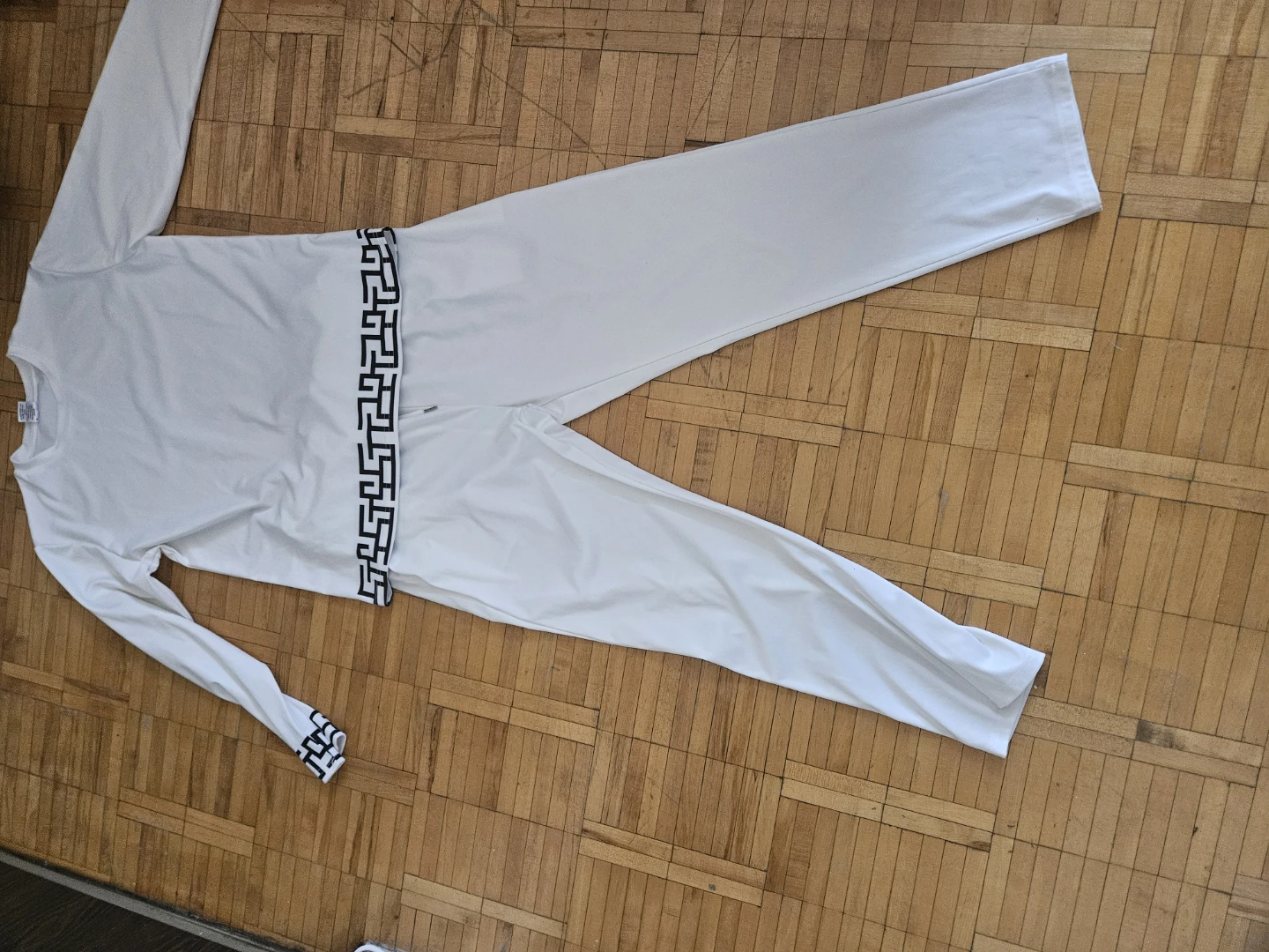 White Long Sleeve Jumpsuit with Greek Key Trim
