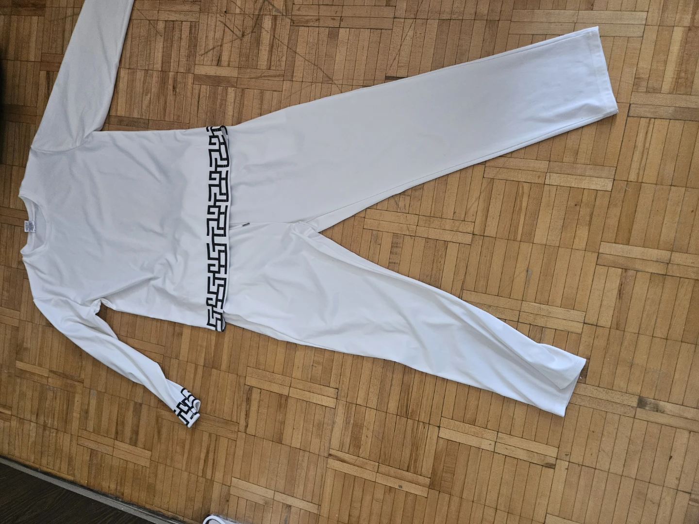 White Long Sleeve Jumpsuit with Greek Key Trim - photo 2