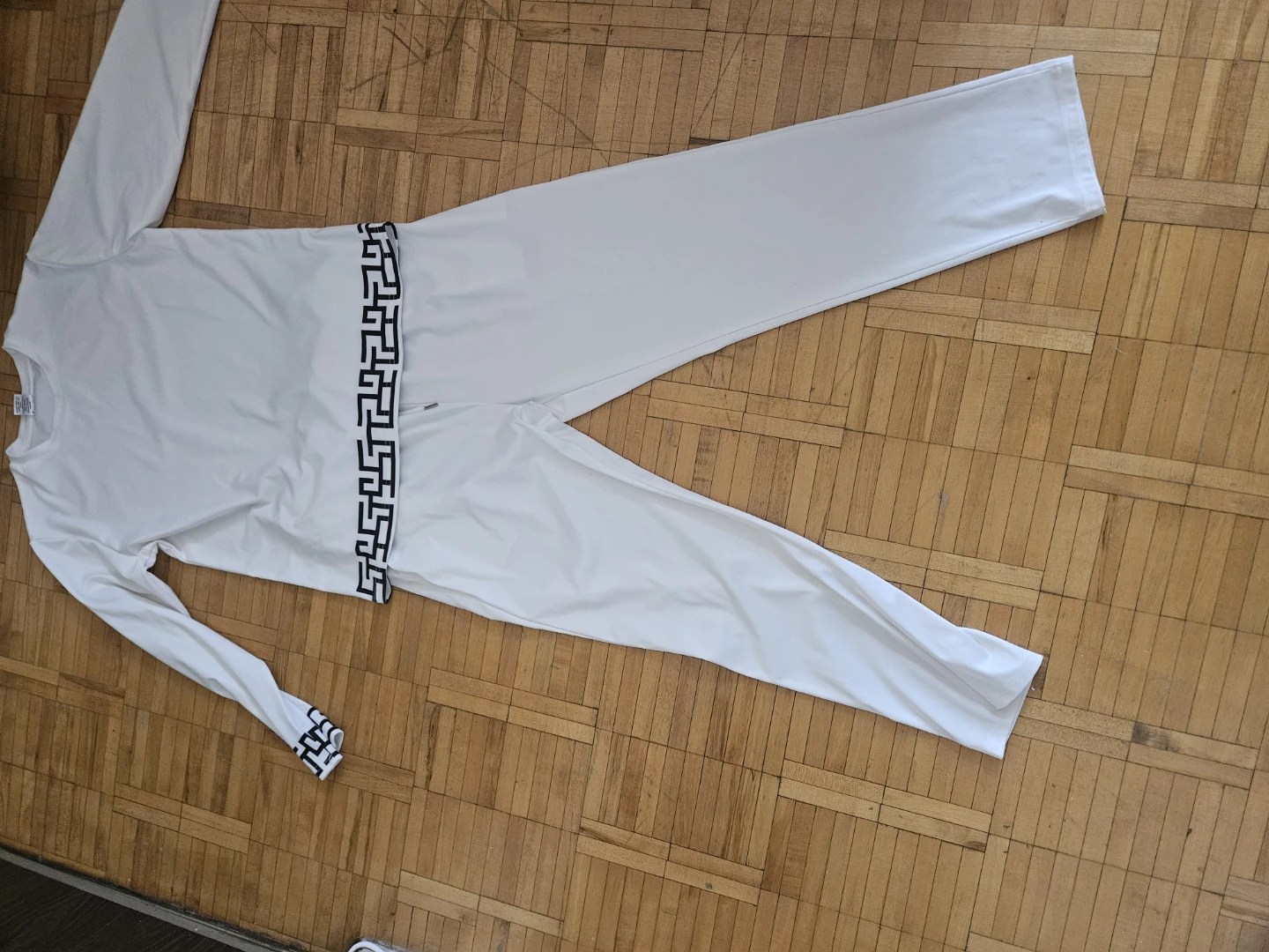 White Long Sleeve Jumpsuit with Greek Key Trim - photo 3