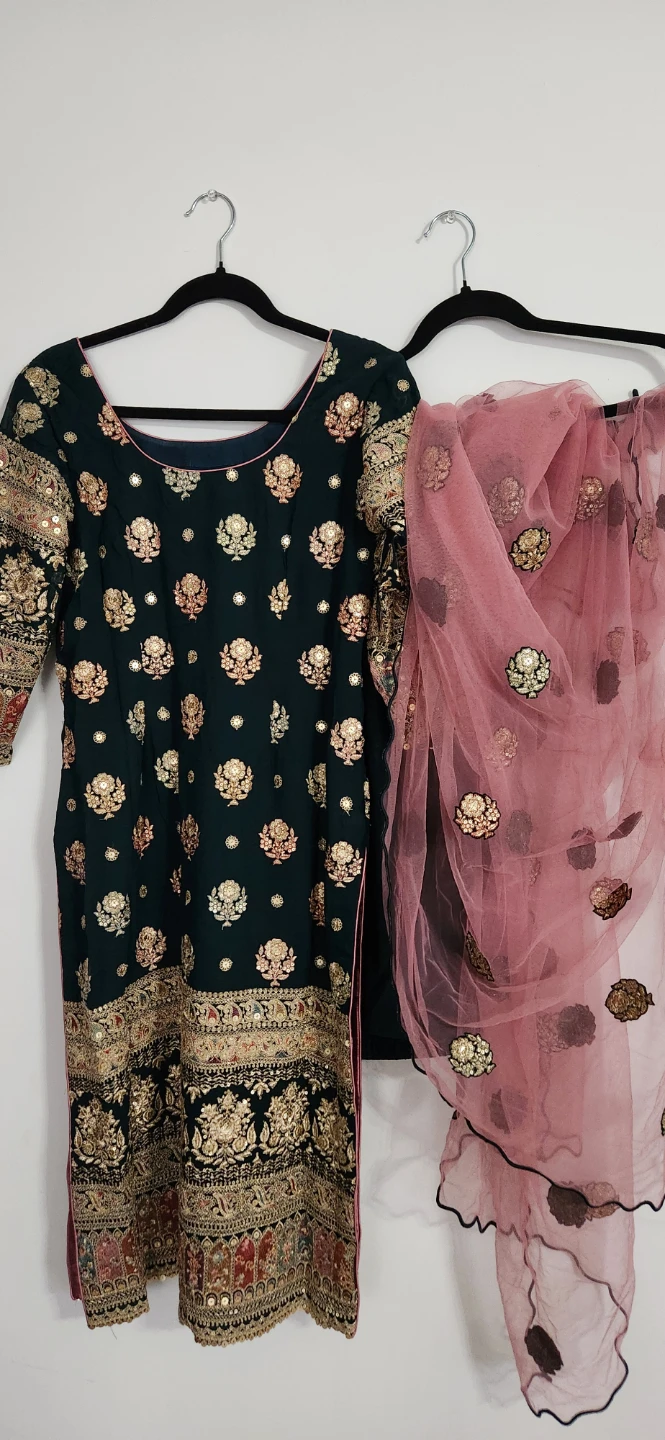 Embroidered Teal Kurti with Pink Dupatta