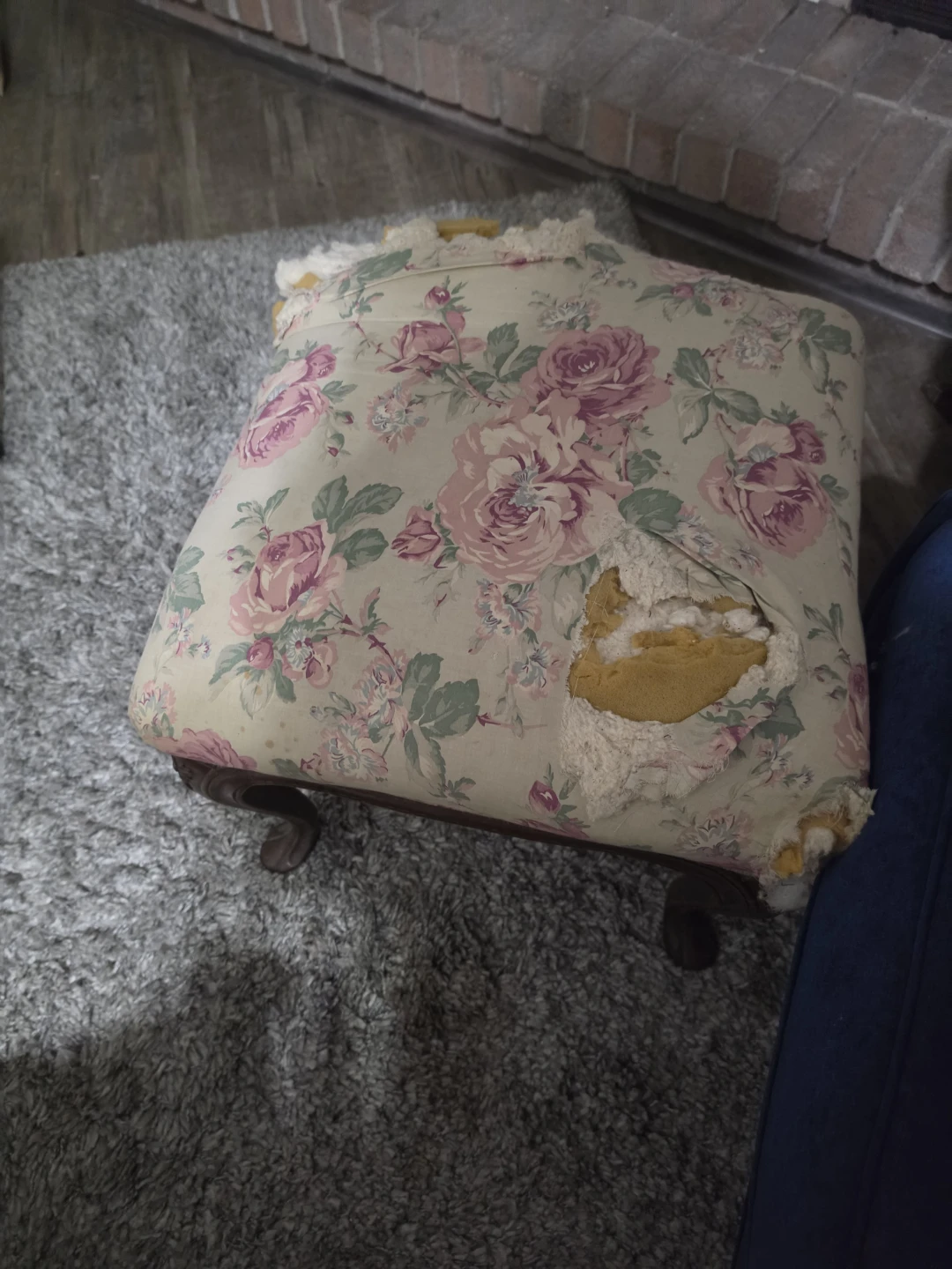 Floral Accent Stool with Damaged Upholstery